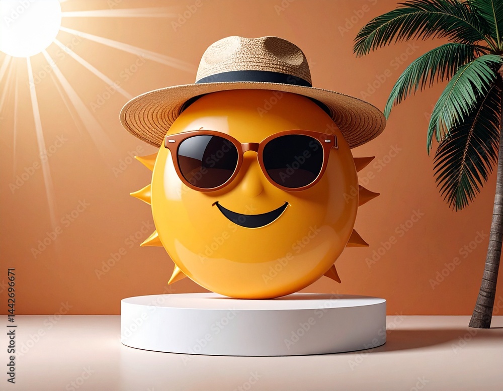 Holiday product background with podium, beach, palm trees and sun in hat and sunglasses