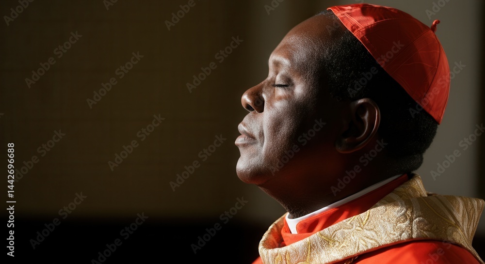 Portrait of a contemplative African American cardinal in red biretta and silk robe. The image captures deep inner prayer.