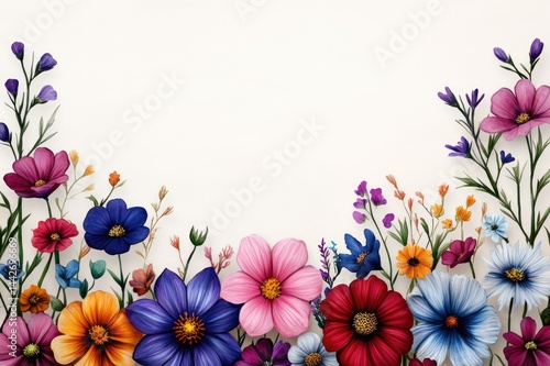 Obraz na płótnie Colorful cosmos flowers creating a vibrant floral border on white background w salonie