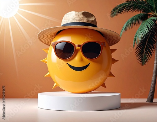 Obraz na płótnie Holiday product background with podium, beach, palm trees and sun in hat and sunglasses w salonie