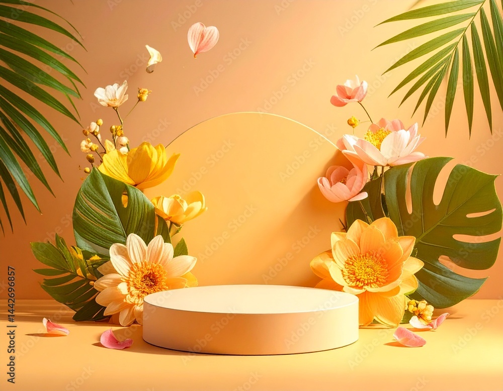 Holiday yellow product background with flowers, podium and palm and monstera leaves