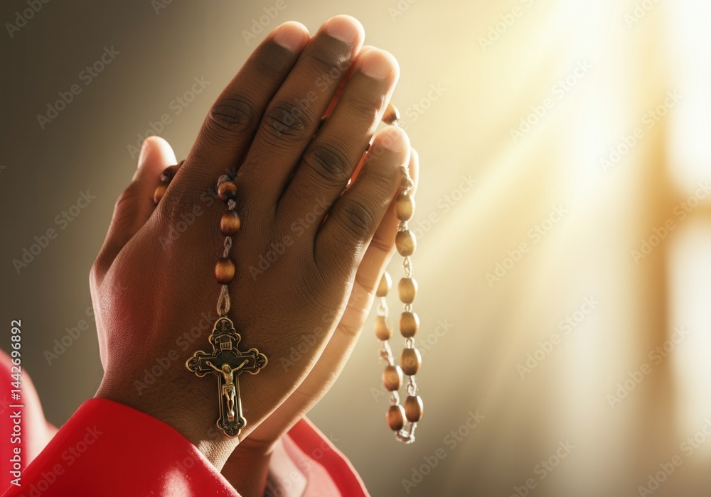 Close-up of African American cardinal's hand holding rosary beads in prayer during pope election. Emotions of hope, faith, and gravity