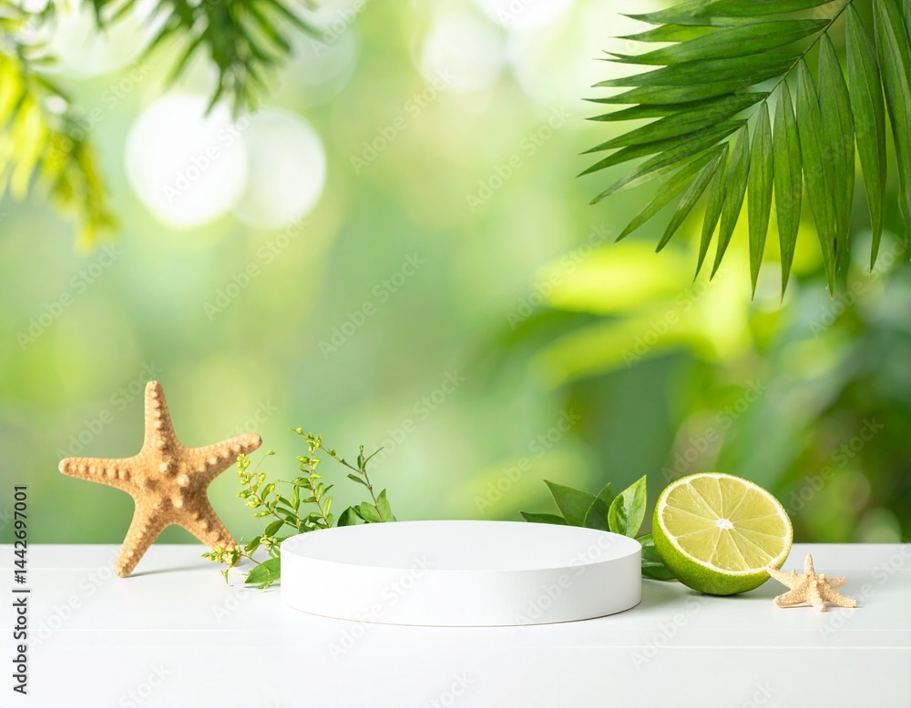 Summer product background with green palm leaves and podium