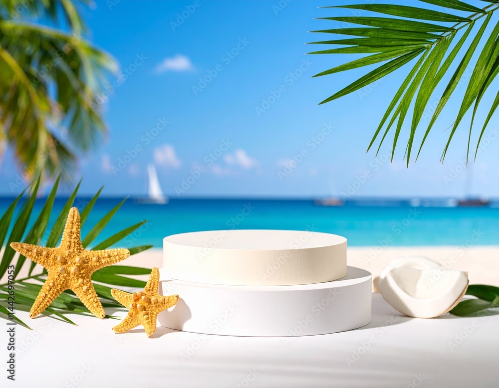 Summer product background with green palm leaves and podium
