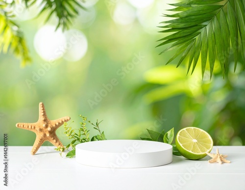 Obraz na płótnie Summer product background with green palm leaves and podium w salonie