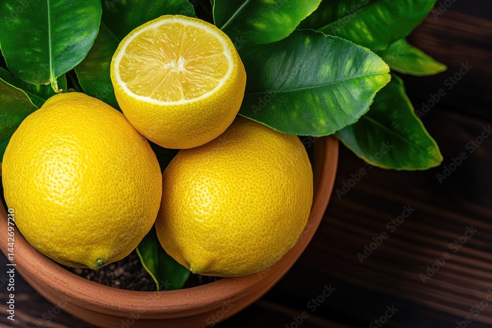 Potted lemon tree showing ripe yellow lemons and green leaves
