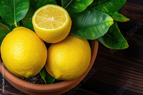 Obraz na płótnie Potted lemon tree showing ripe yellow lemons and green leaves w salonie