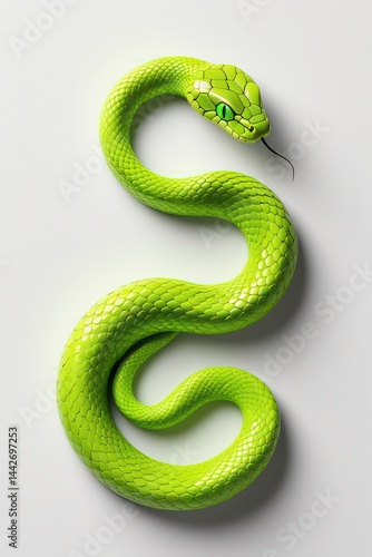 A green serpent, a wild reptile with detailed scales, is isolated on a white background
