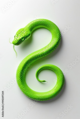 Isolated against white and green backgrounds, a wild green snake, a vibrant reptile with detailed scales and a focused eye, embodies both nature's beauty and potential danger