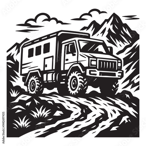 Heavy-duty expedition truck on mountain trail vector logo illustration
