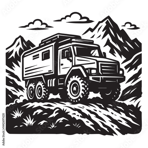 Heavy-duty expedition truck on mountain trail vector logo illustration
