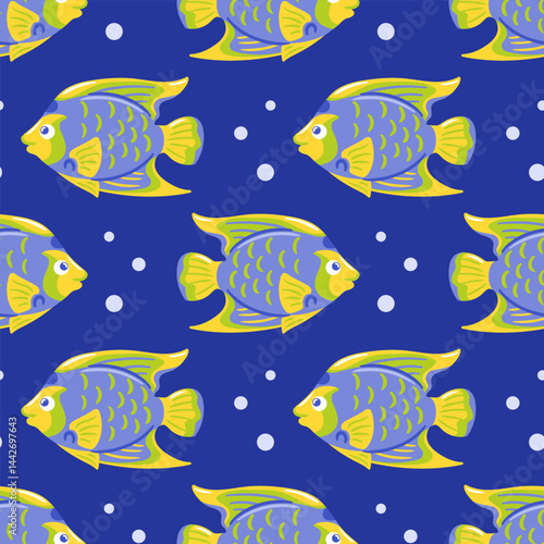 A seamless pattern featuring the vibrant queen angelfish, showcasing its bright blue and yellow colors, elegant fins, and intricate markings. Perfect for tropical-themed designs and underwater motifs.