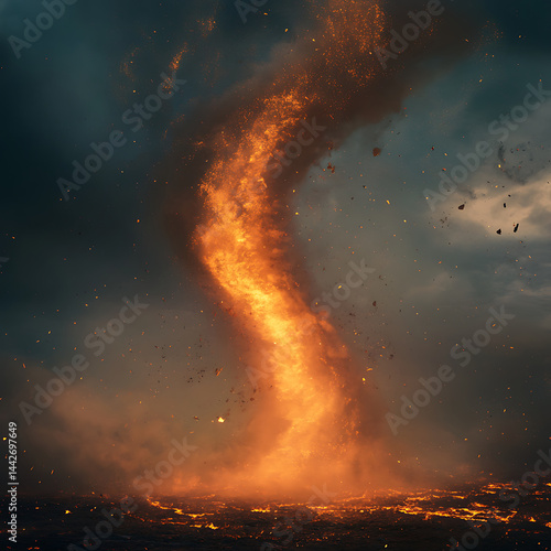 Fiery tornado with glowing embers and swirling smoke rising from burning ground, creating dramatic and intense natural disaster scene under dark cloudy sky