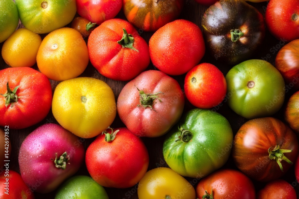 Colorful heirloom tomatoes showing rich variety of colors and textures