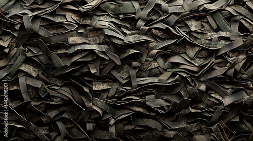 Camouflage netting texture with layered, interlaced fabric strips in earthy tones