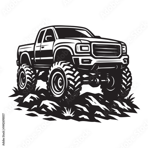 Lifted pickup truck with oversized tires on rough terrain vector logo illustration