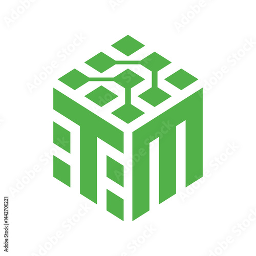 Modern Abstract TM Letter Logo with 3D Cube and Green Tech Network