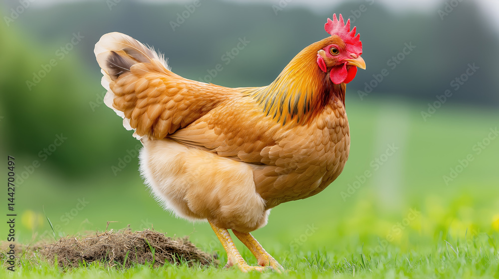 Fototapeta premium Brown hen walking on grass in a lush green farm setting