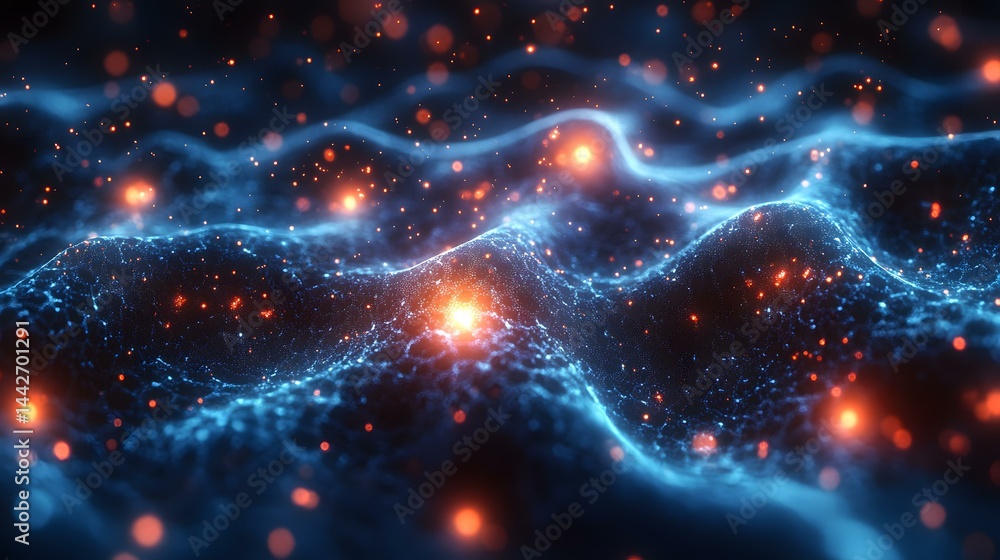 Abstract glowing particle field with wavy surface and bokeh effect, a network of interconnected dots and orange light spots Abstract glowing particle field with wavy surface and bokeh effect, a network of interconnected dots and orange light spots