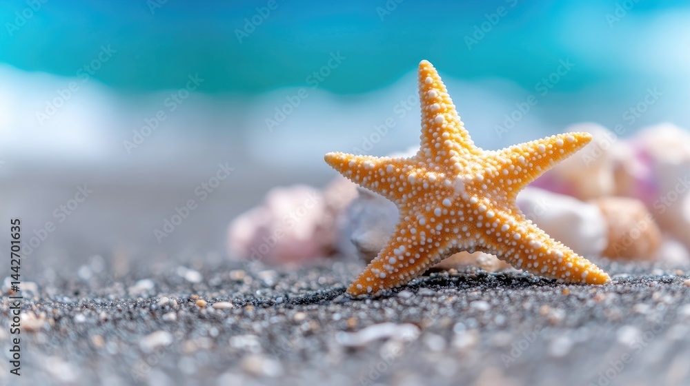 Starfish with Seashells Beach Scene Vibrant Summer Style High-Definition Soft Focus Close-up View Textured Surface Relaxing on Beach Ocean Background Warm Sunny Hues Perfect for Vacation Ads Starfish with Seashells Beach Scene Vibrant Summer Style High-Definition Soft Focus Close-up View Textured Surface Relaxing on Beach Ocean Background Warm Sunny Hues Perfect for Vacation Ads