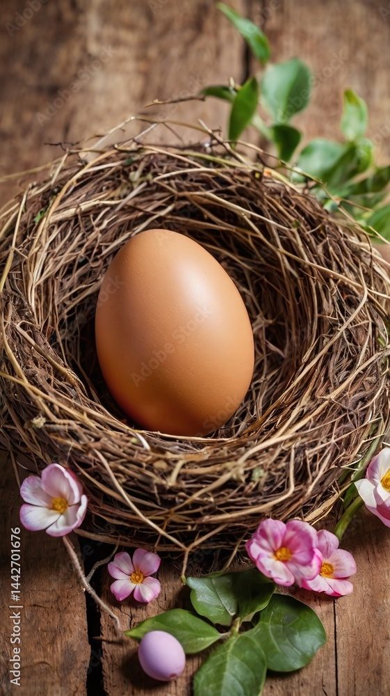 Obraz premium Brown egg in floral nest. Easter egg. Easter backgorund. 