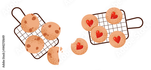 Tasty vector illustration of homemade cookies with jam and raisins. Flat cookie crunchy and sweet toppings.