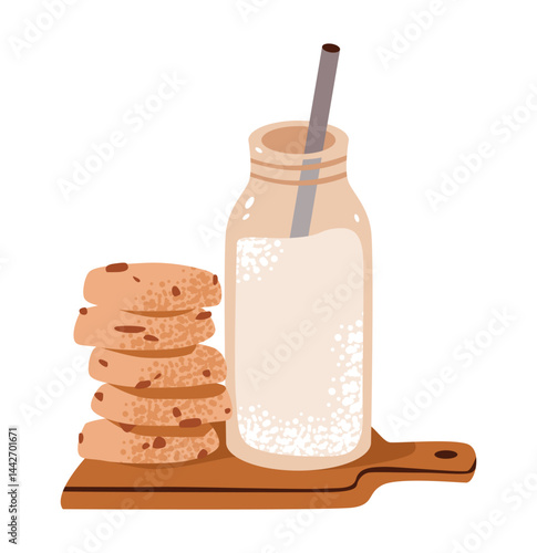 Homemade cookies with chocolate and milk. Flat vector illustration of a cookie treat and bottle of milk for breakfast.