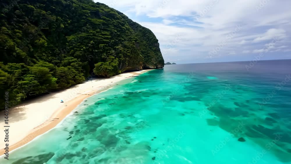 Aerial journey over turquoise waters and pristine beach surrounded by lush cliffs Aerial journey over turquoise waters and pristine beach surrounded by lush cliffs