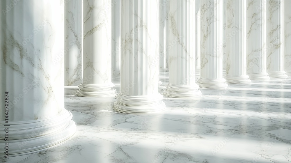 Interior view of a colonnaded hall with white marble columns. Interior view of a colonnaded hall with white marble columns.