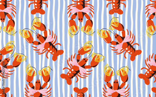 Seamless pattern with red lobsters holding lemon wedges, wearing pink bows on striped blue background. Fun coastal food print for summer textiles, packaging, decor, or seafood-themed design