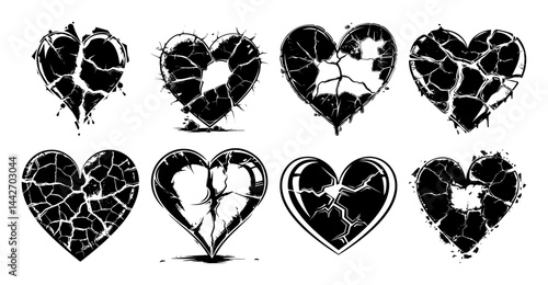 cracked and broken hearts black ink vector set