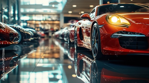 Sleek red sports car in showroom, multiple vehicles in background.  Glossy floor reflects the cars