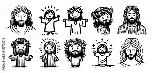 cute jesus character icons black ink cartoon sketch set