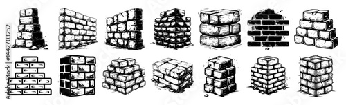 brick wall texture sketch set black ink illustration
