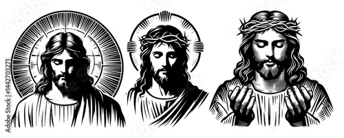 jesus christ sacred portraits with halo and thorns vector set