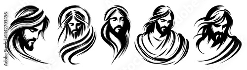 jesus christ portraits set black ink spiritual sketch