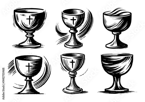 holy grail and chalice set black ink religious sketch