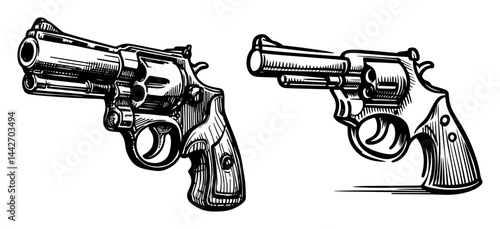 revolver handgun set vintage black ink sketch