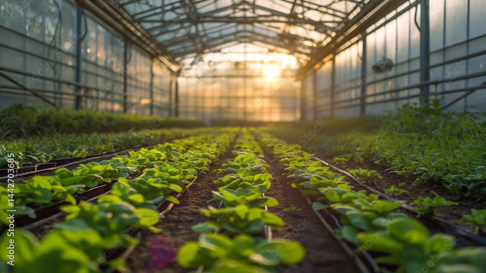 Rows of vibrant green crops are cultivated inside a modern greenhouse as sunlight filters through the transparent panels Rows of vibrant green crops are cultivated inside a modern greenhouse as sunlight filters through the transparent panels