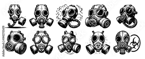 cartoon gas mask set black ink grunge vector collection