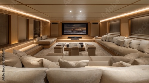 Neutral-toned sofa perfectly aligned with the entertainment setup