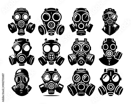gas mask collection black vector icons set