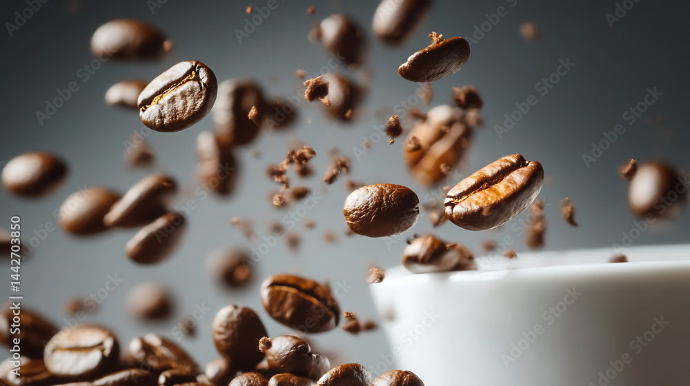 Coffee bean swirl above white cup with flying roasted beans and crumbs in midair, creating dynamic and energetic coffee moment Coffee bean swirl above white cup with flying roasted beans and crumbs in midair, creating dynamic and energetic coffee moment