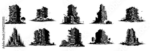 ruined buildings set black ink post apocalyptic sketch