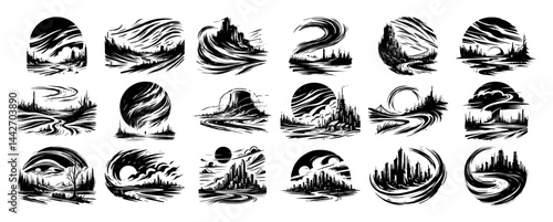 grunge cityscape silhouettes and waves black ink sketch set
