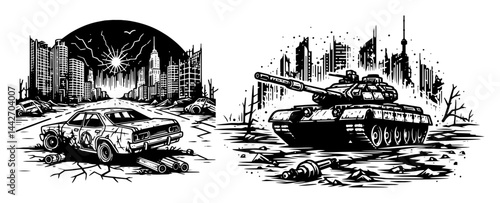 post apocalyptic city with tank and abandoned car black ink sketch