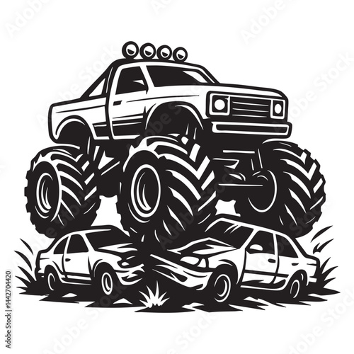 Monster truck crushing cars vector logo illustration