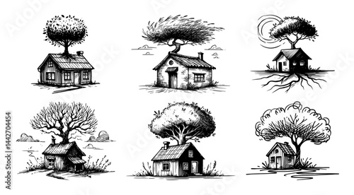 cottage and tree ink sketch set black vector illustration