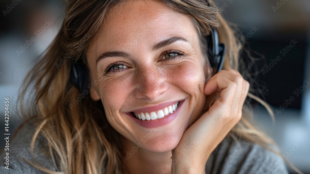 With a warm smile, the woman enjoys a lively conversation while using a headset in a bright, contemporary office space decorated with soft lighting
