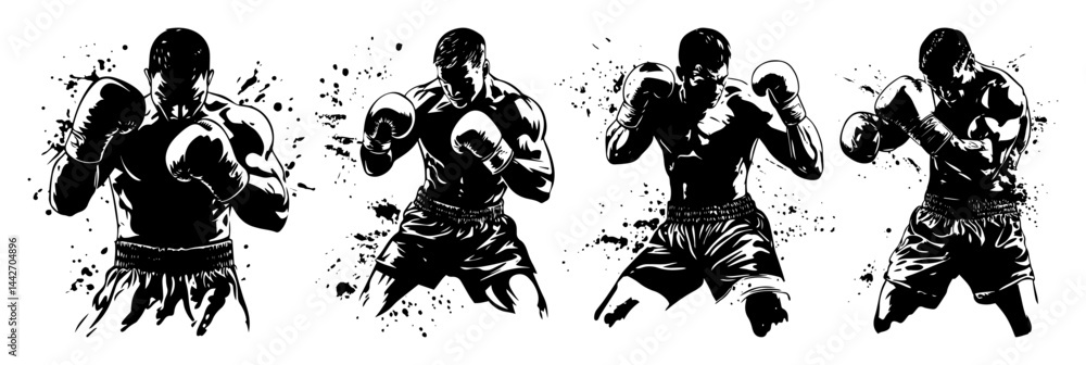 Fototapeta premium boxers in fighting stance black ink vector set